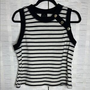 WHO WHAT WEAR Ribbed Black & Cream Striped Sleeveless Top w/Button Detail Size L